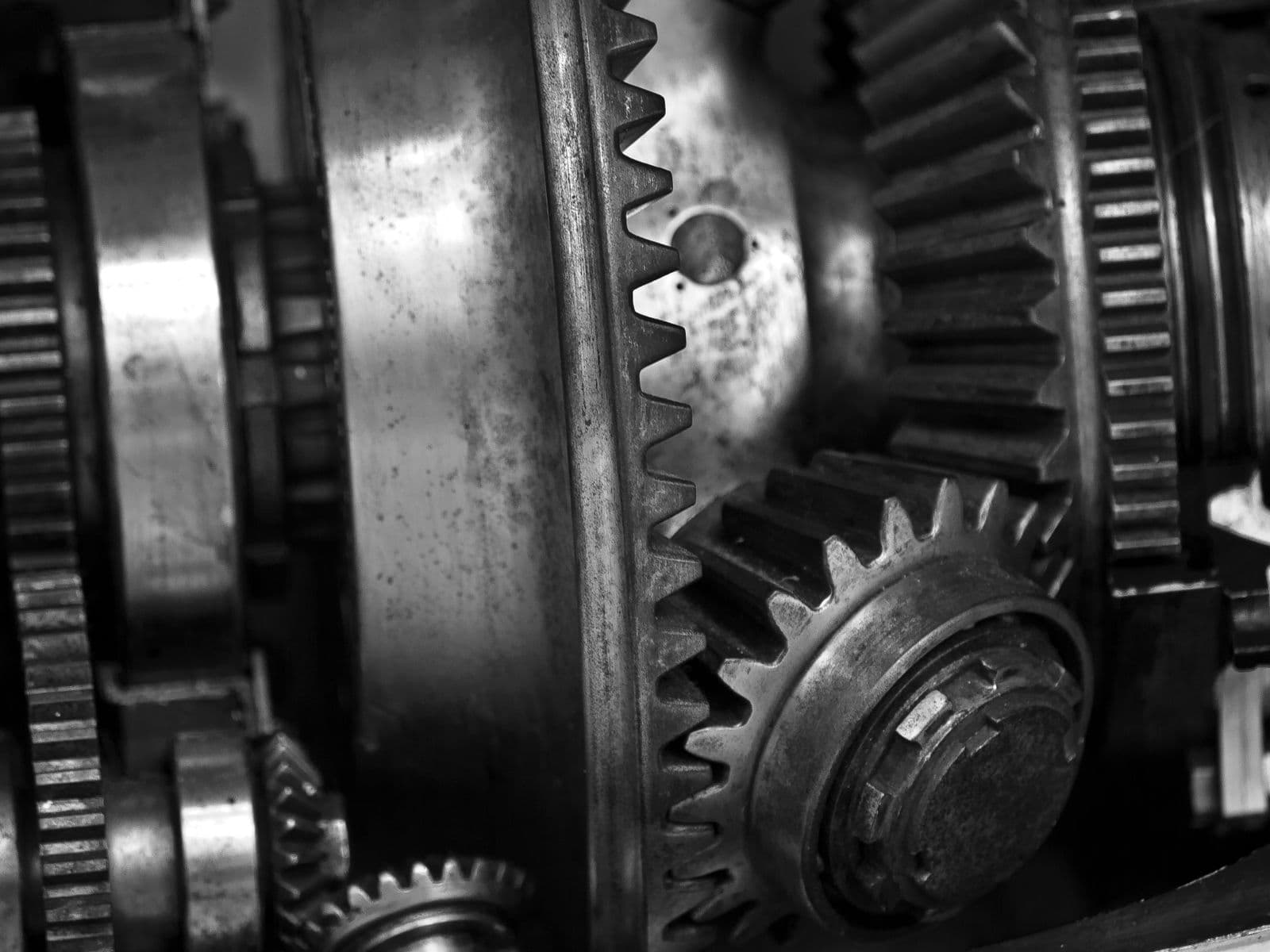 Close-up of precision metal gears and drive components