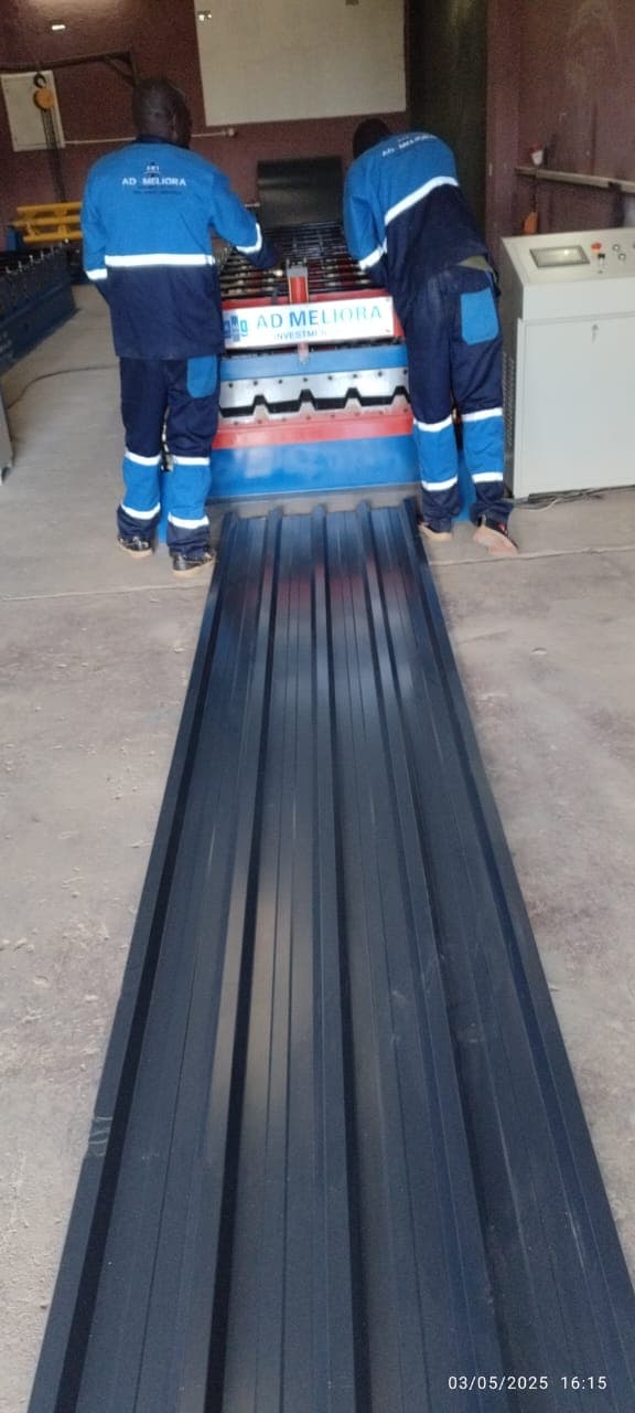Freshly rolled IBR roofing sheets on the AD Meliora production line